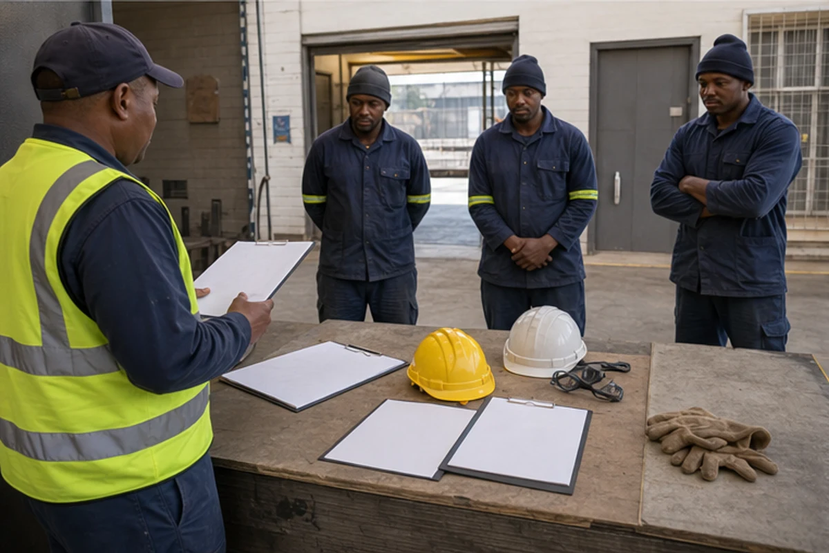 Supervisor briefing workers beside hard hats and blank induction forms in a factory