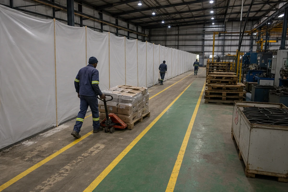 Dust screening separating a production aisle from factory upgrade work
