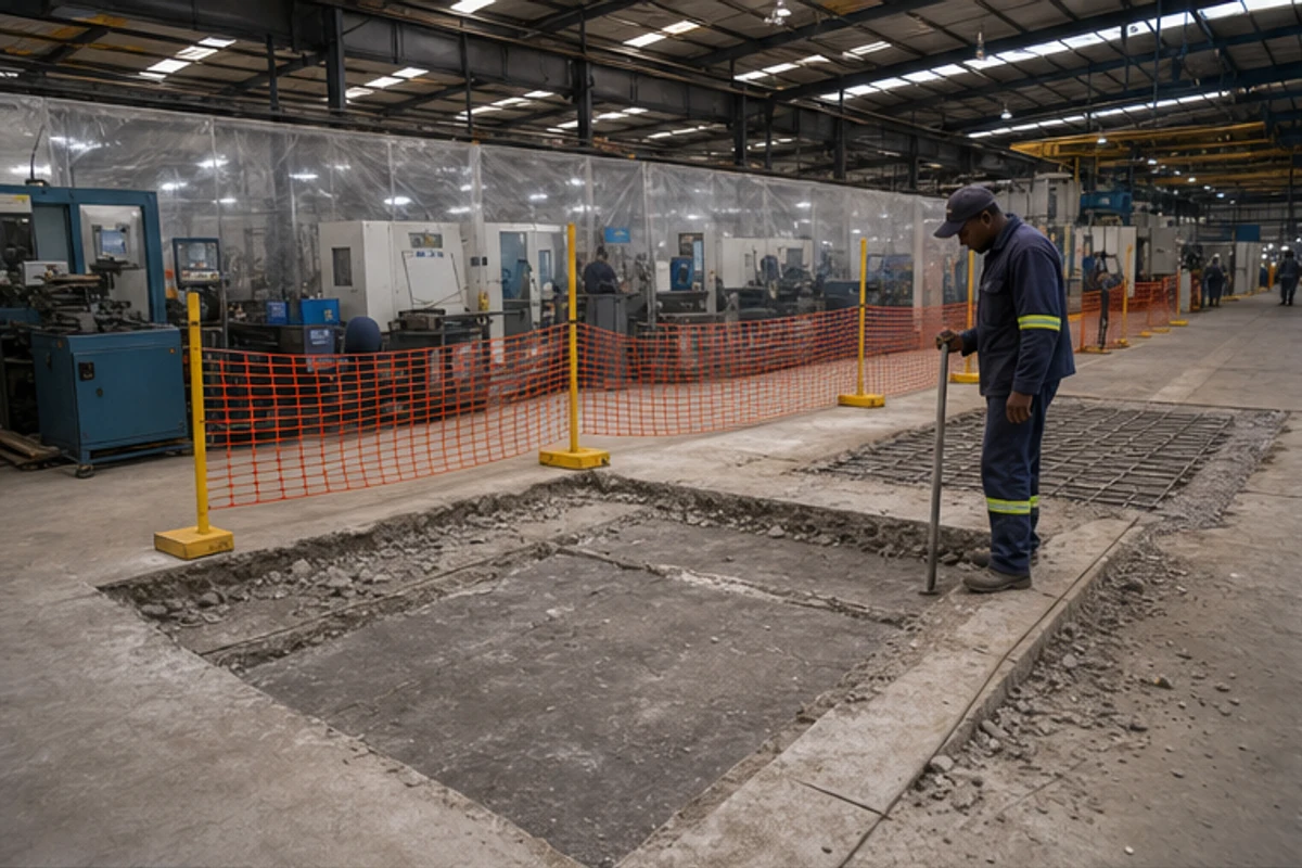 Worker marking a factory floor repair area behind temporary safety barriers
