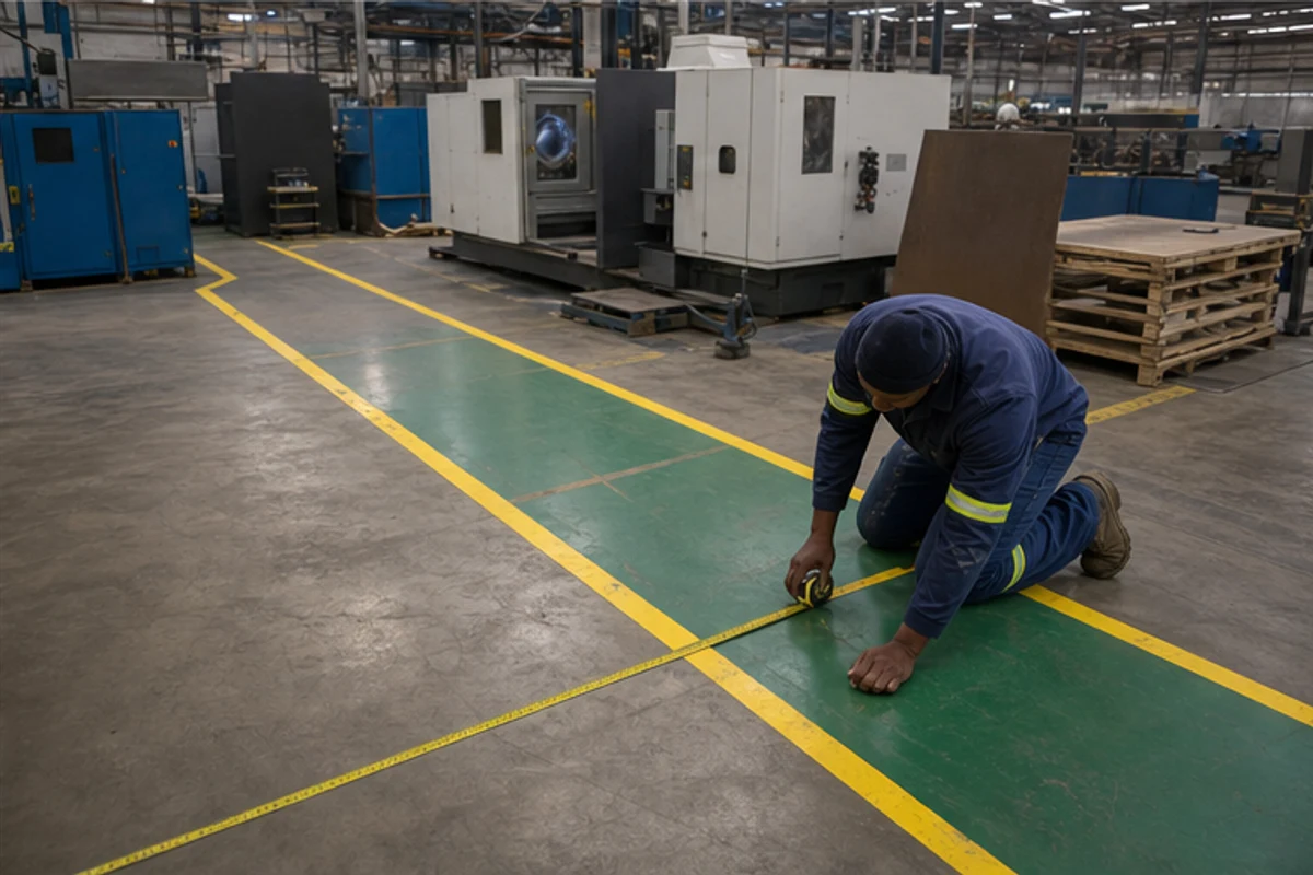Worker measuring yellow floor lines around equipment in an industrial workshop