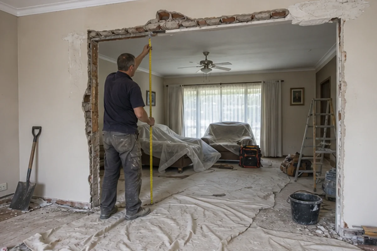 Builder measuring a doorway alteration in a Farrarmere family home renovation
