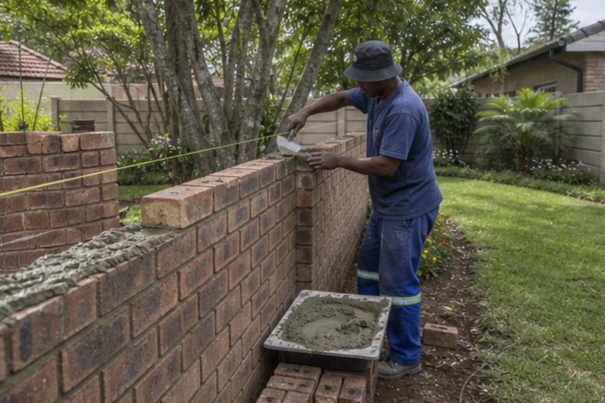 Garden boundary wall repaired with face brick and alignment string