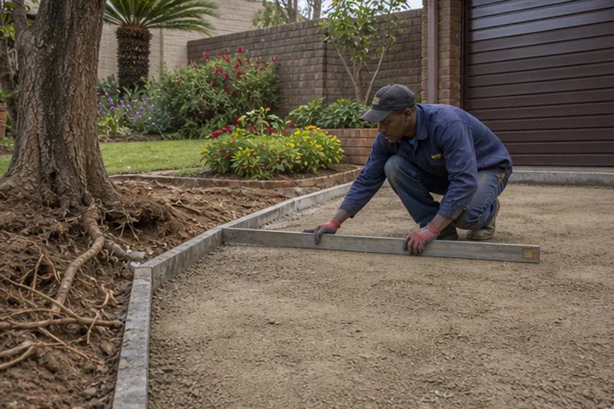 Driveway paving base prepared beside a garden with trimmed tree roots