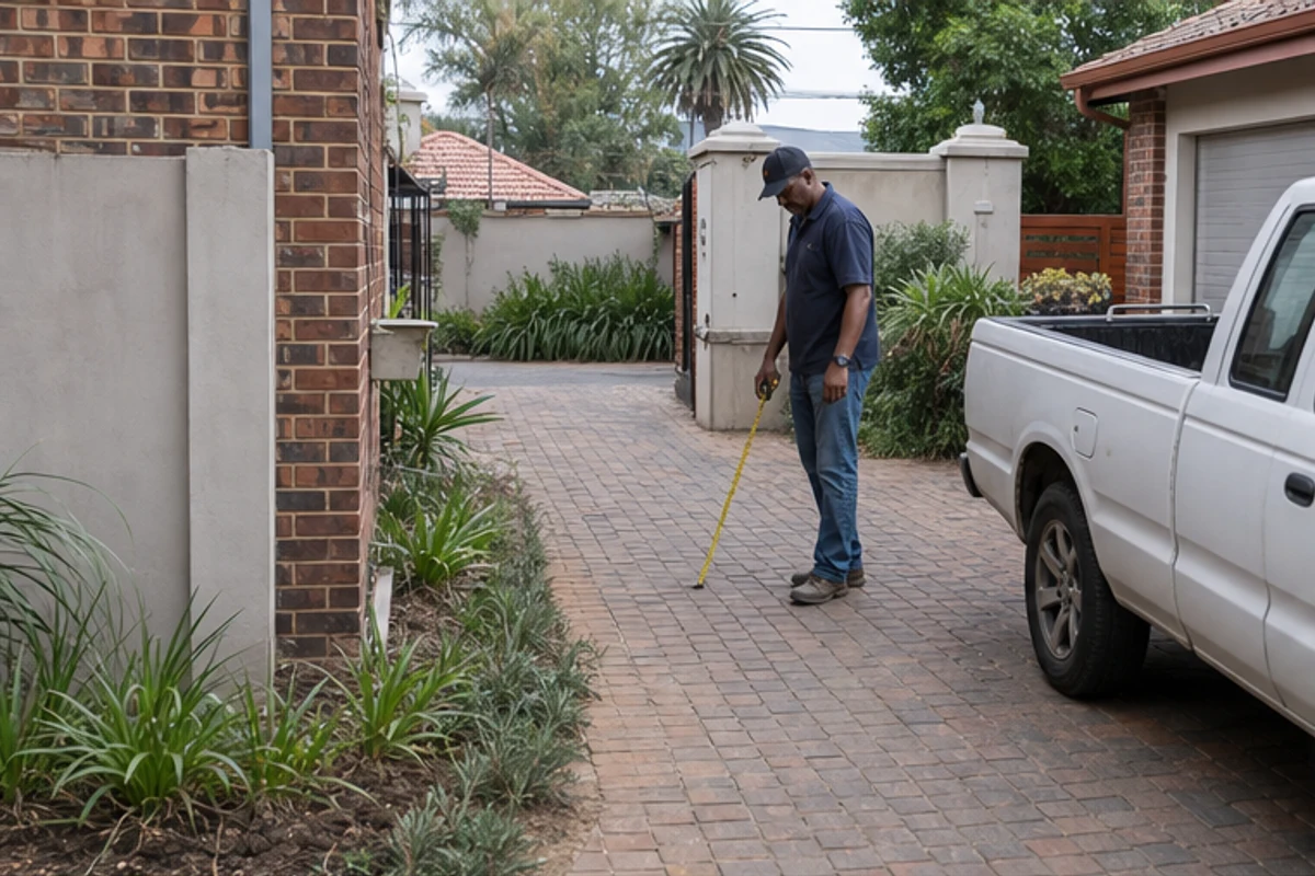 Contractor measuring driveway access beside an established suburban home