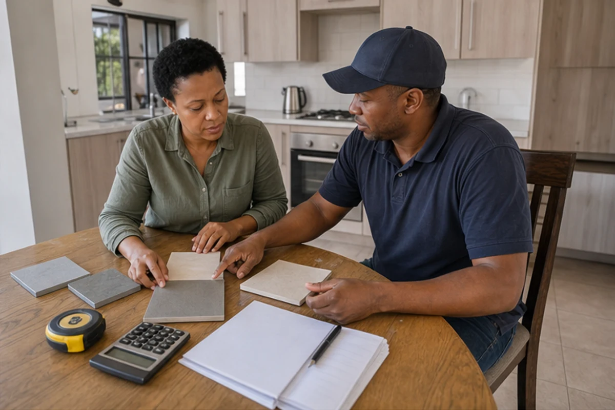 Homeowner and contractor comparing finish samples and blank cost notes