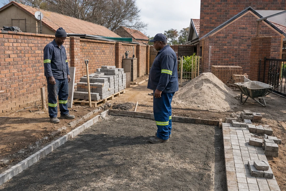 Contractor checking a paving base and delivery area beside a brick boundary