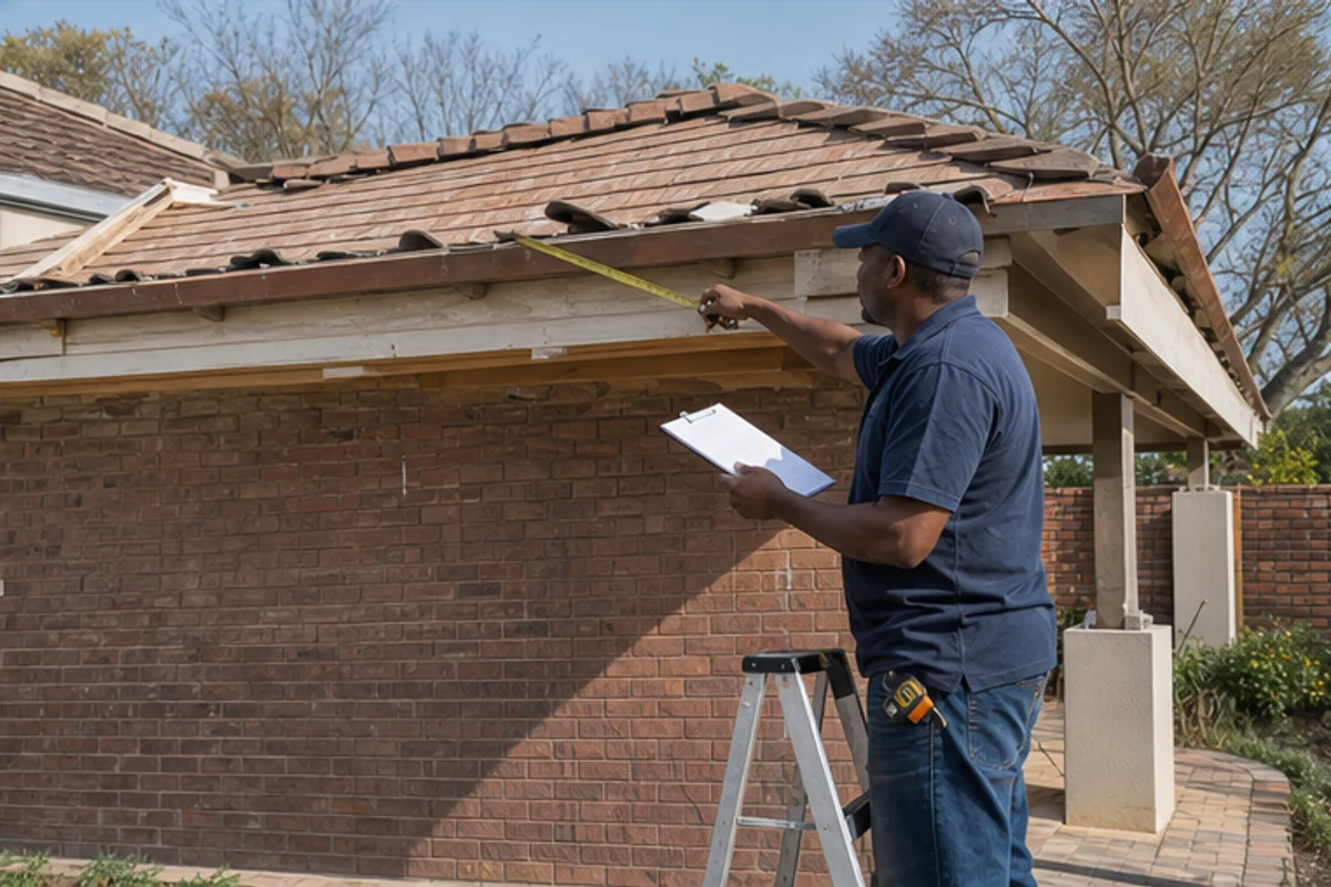 Contractor inspecting a roofline and extension tie-in on a large suburban stand