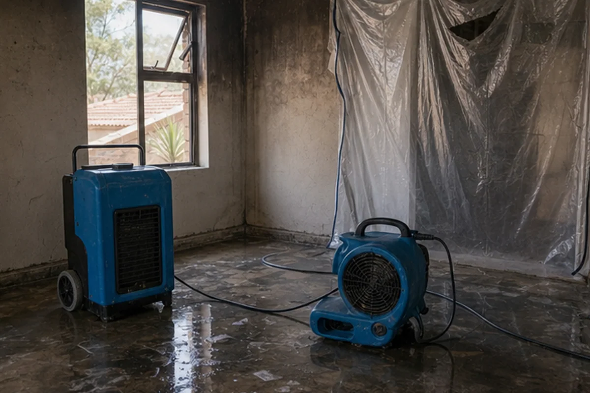 Air mover and dehumidifier drying a wet floor after firefighting water