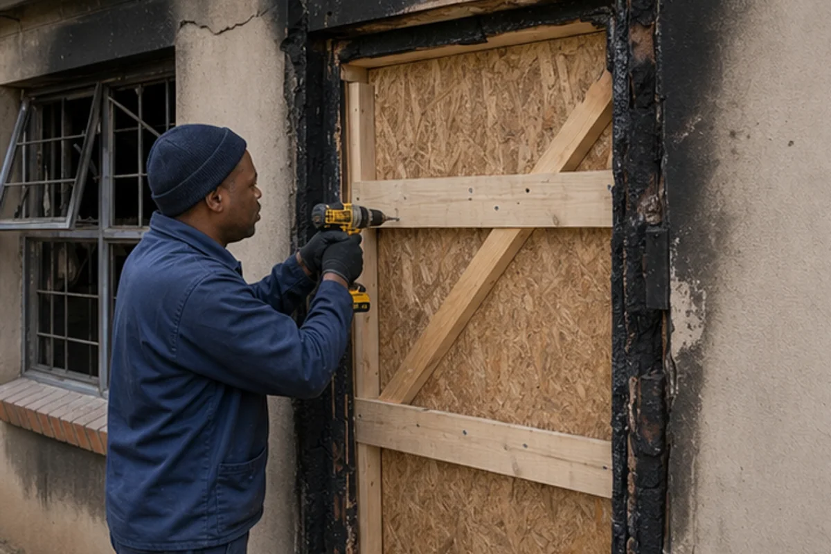 Contractor boarding a fire damaged doorway for safe access