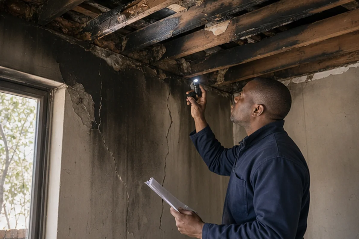 Assessor checking smoke stained roof timbers with a flashlight