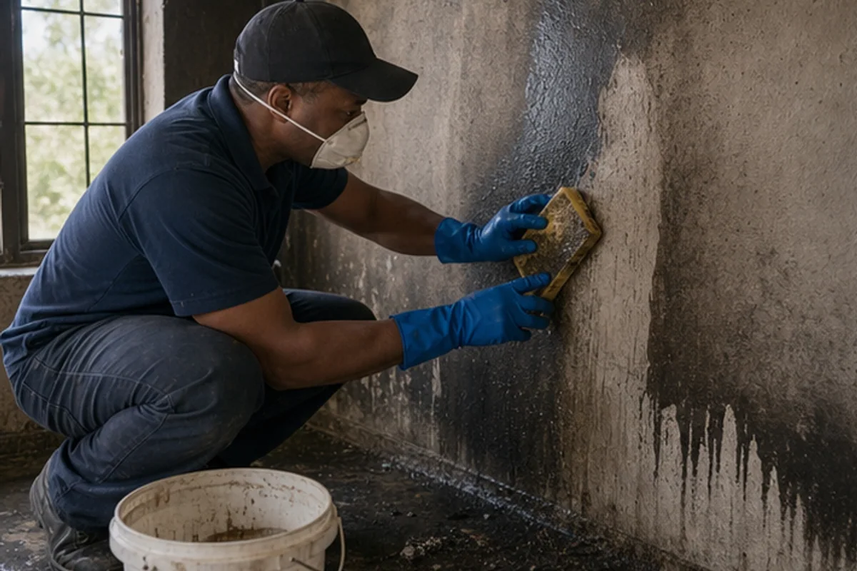 Restoration worker cleaning soot from a smoke stained wall
