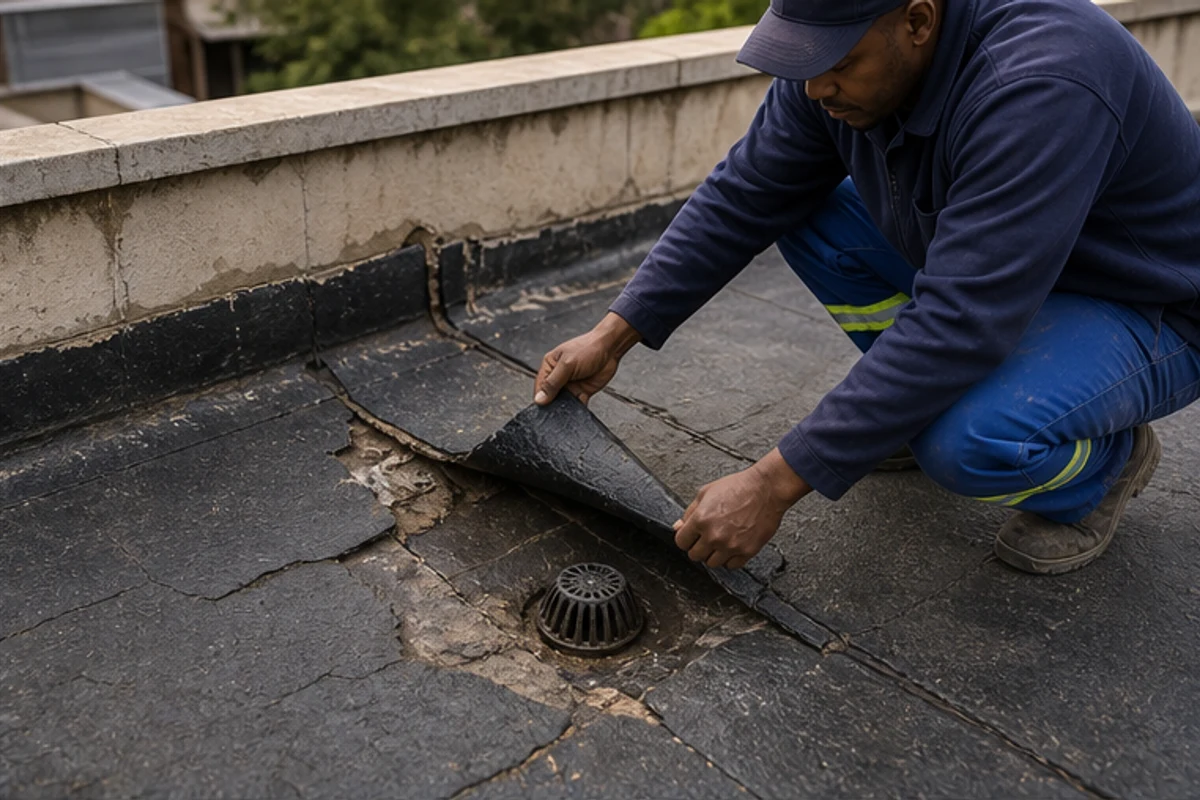Failed torch-on membrane lap inspected on a flat roof