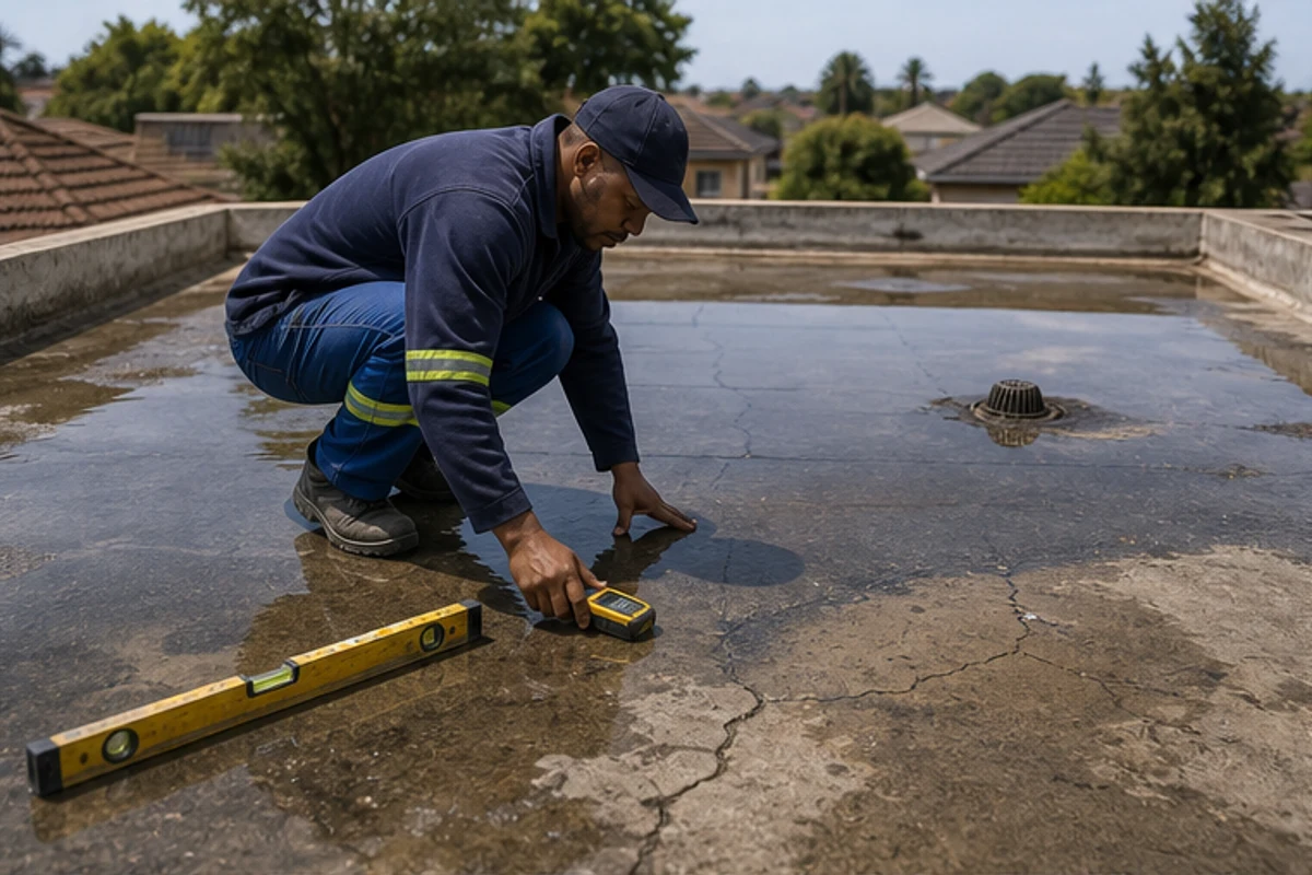 Flat concrete roof checked for ponding water after rain