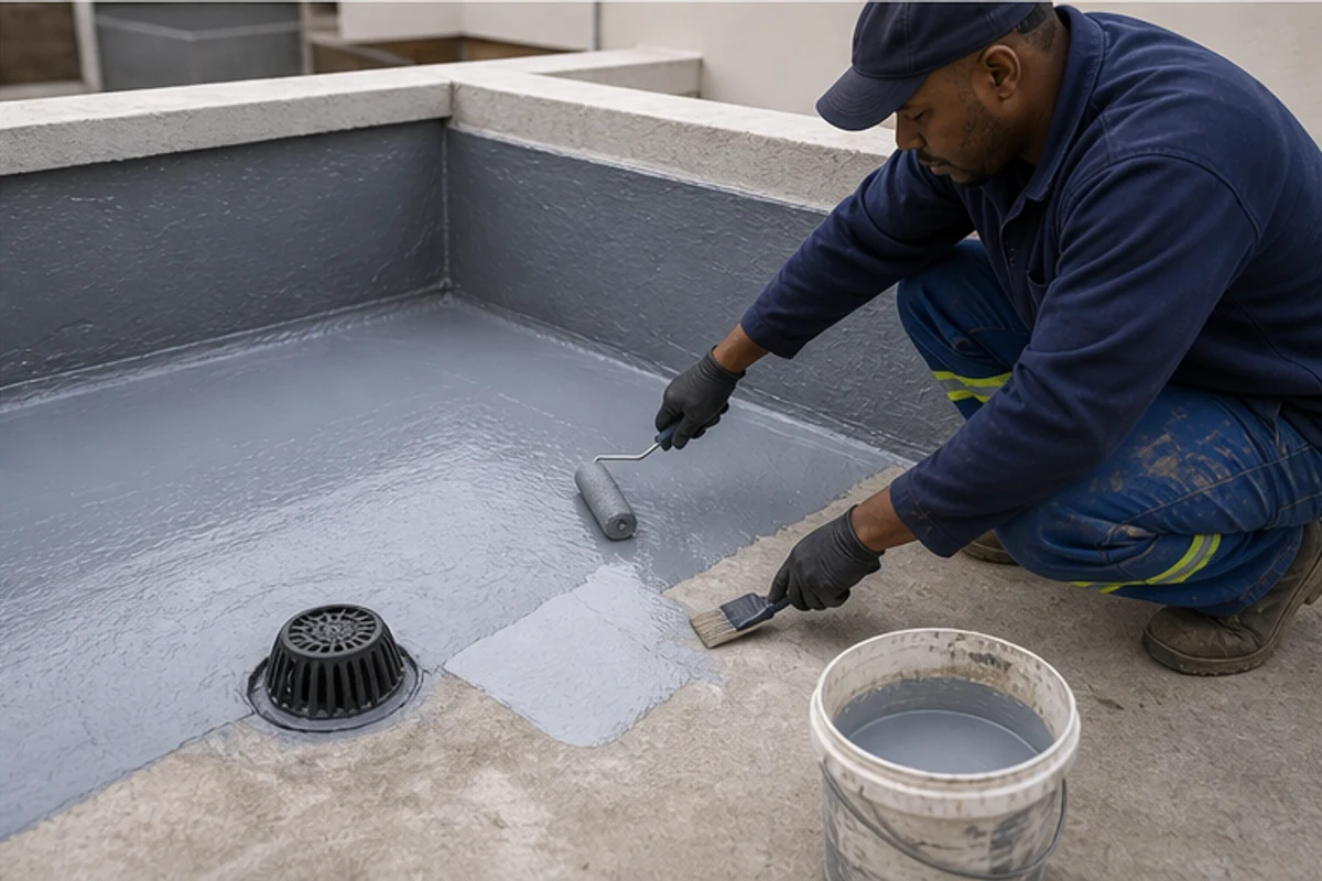 Waterproofing applied around a flat roof parapet drain