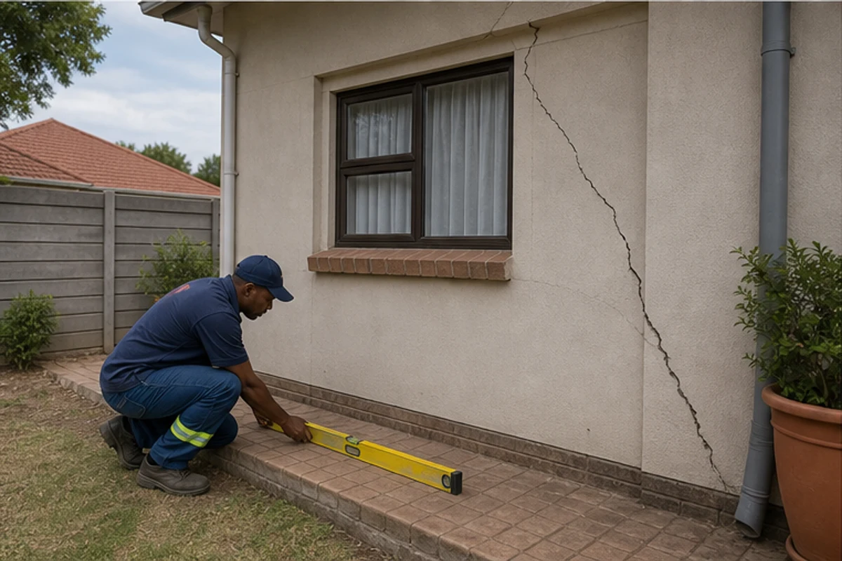 Diagonal wall crack near a window checked with a spirit level