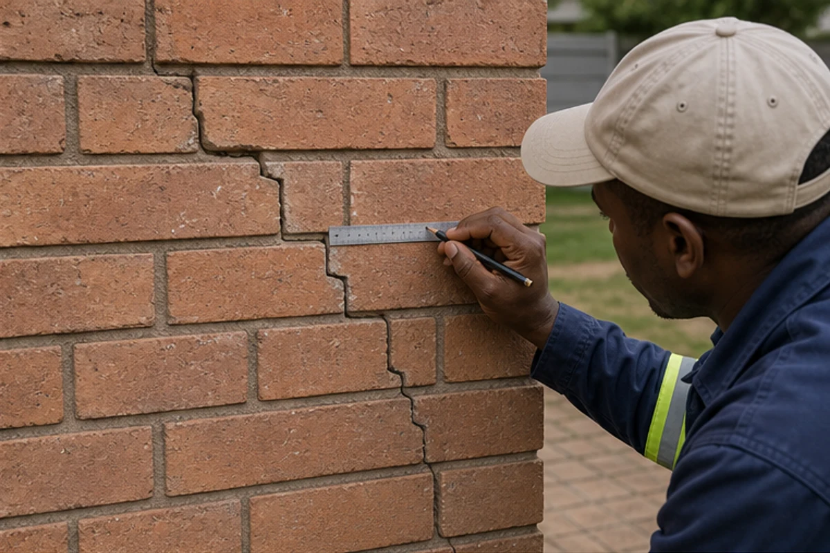 Stepped crack in brickwork measured with a ruler