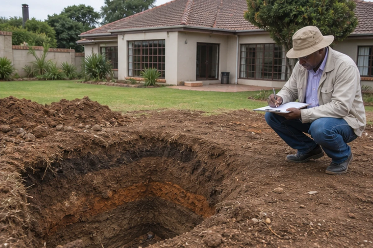 Engineer taking notes beside a test pit in clay soil near a family home