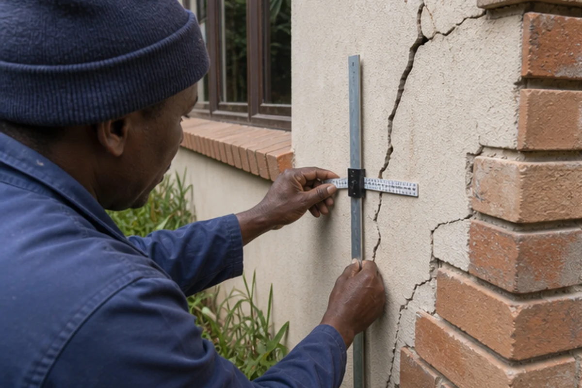 Contractor measuring a stepped crack beside a brick window opening