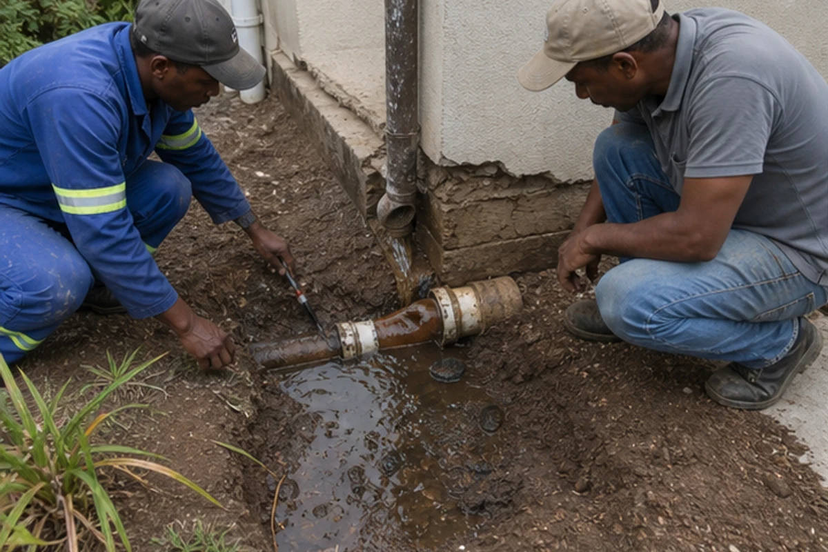 Two workers checking a leaking drain pipe beside a cracked house foundation