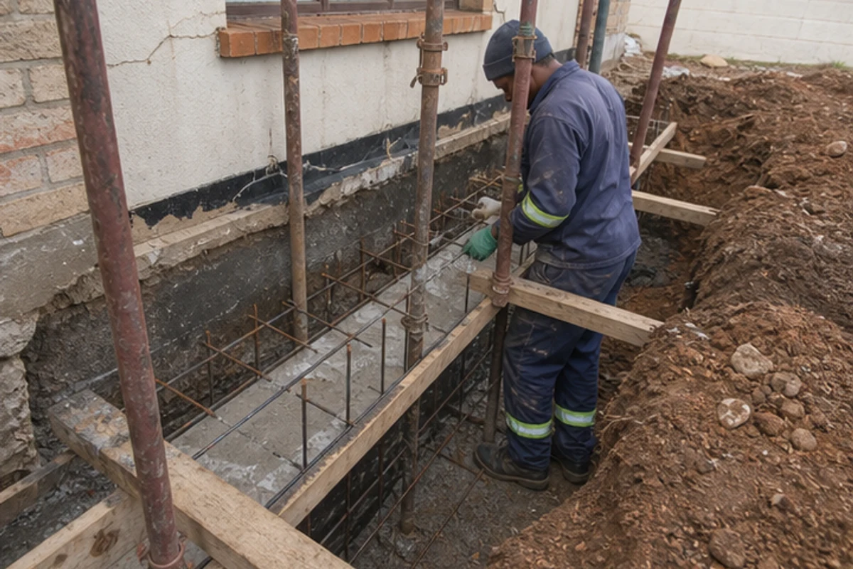 Worker setting reinforcement in an underpinned foundation trench with temporary supports
