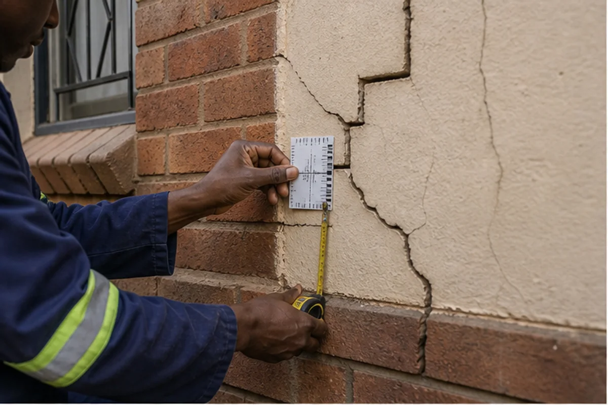 Contractor inspecting a wall crack linked to foundation movement