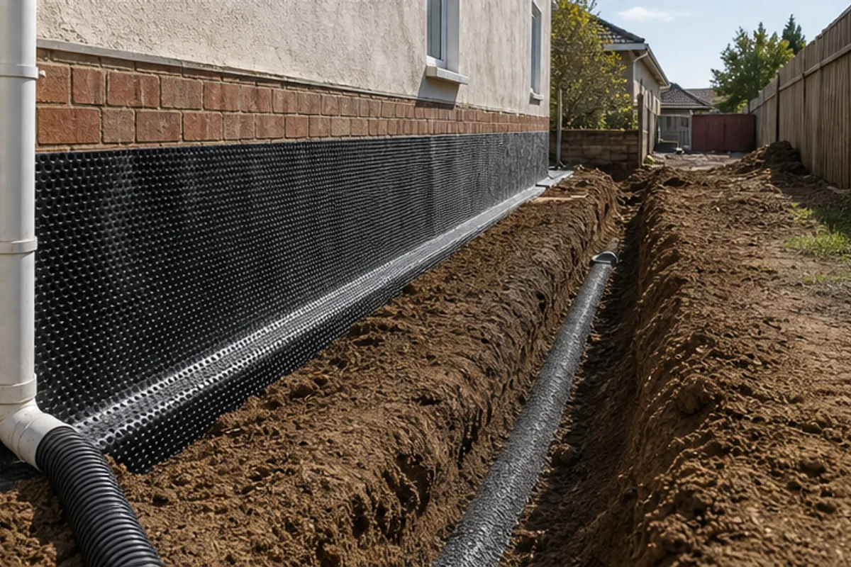 Lower exterior wall repaired after foundation underpinning work