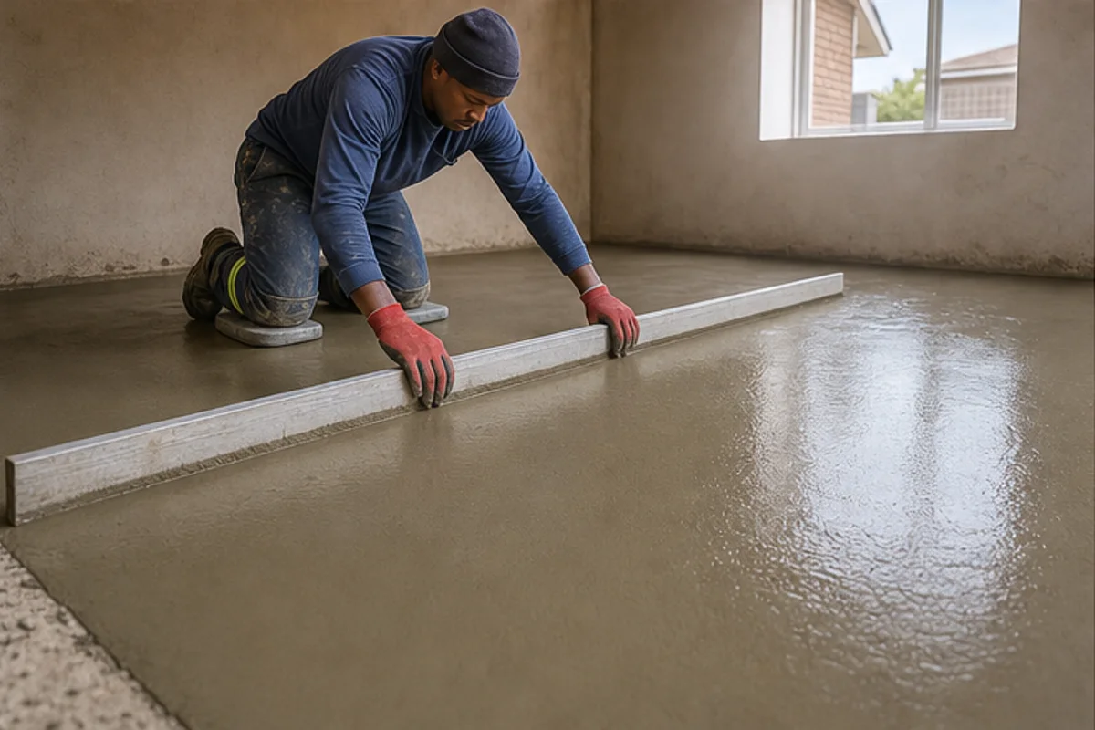 Worker levelling a fresh screed floor inside a garage conversion