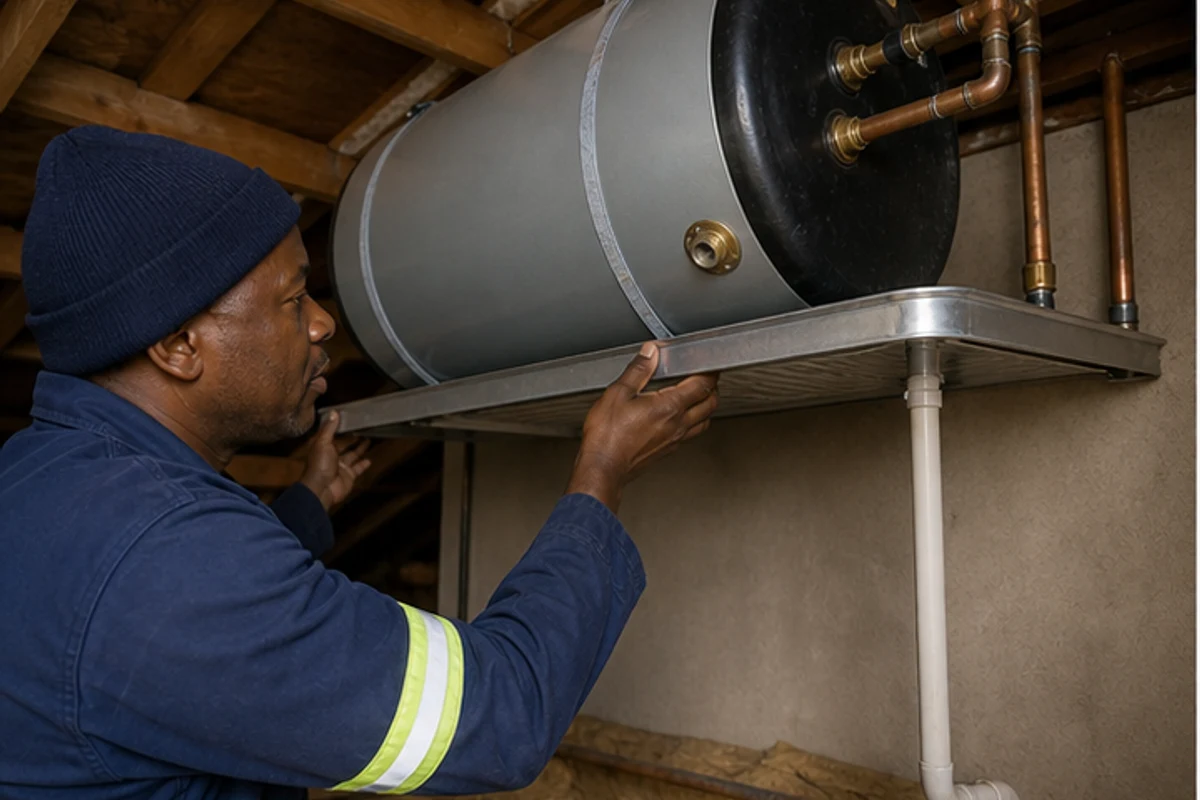 Plumber checking a ceiling geyser drip tray and overflow pipe
