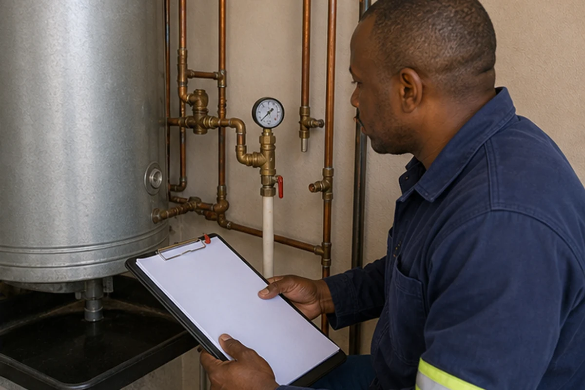 Plumber completing a final geyser compliance inspection with a clipboard