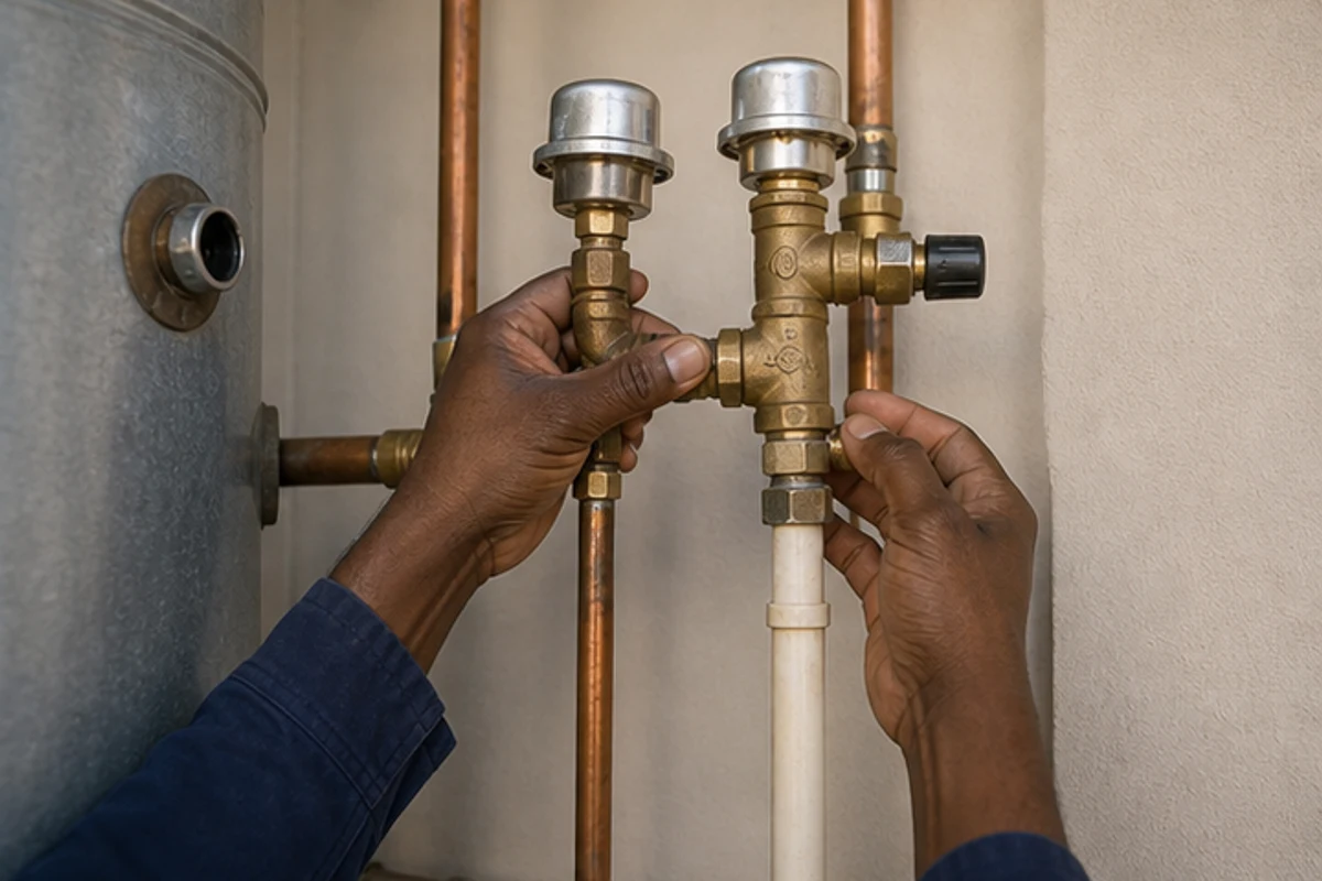 Close-up of plumber checking geyser valves and vacuum breakers
