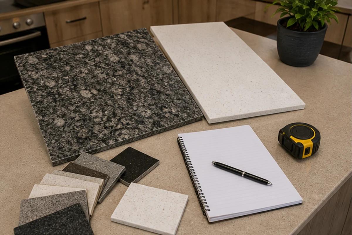 Granite and engineered stone countertop samples compared on a kitchen island