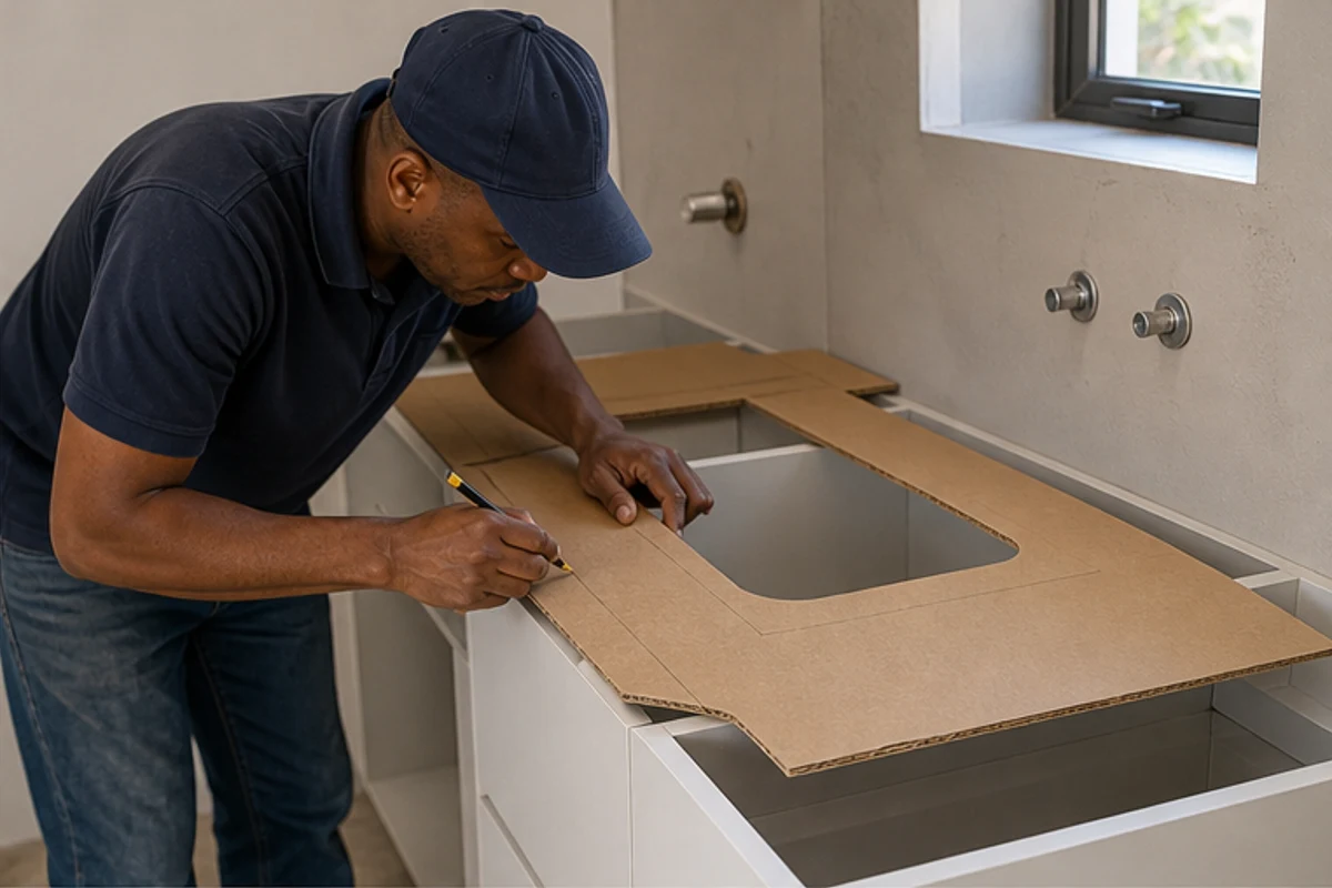 Countertop template being checked around a sink cutout