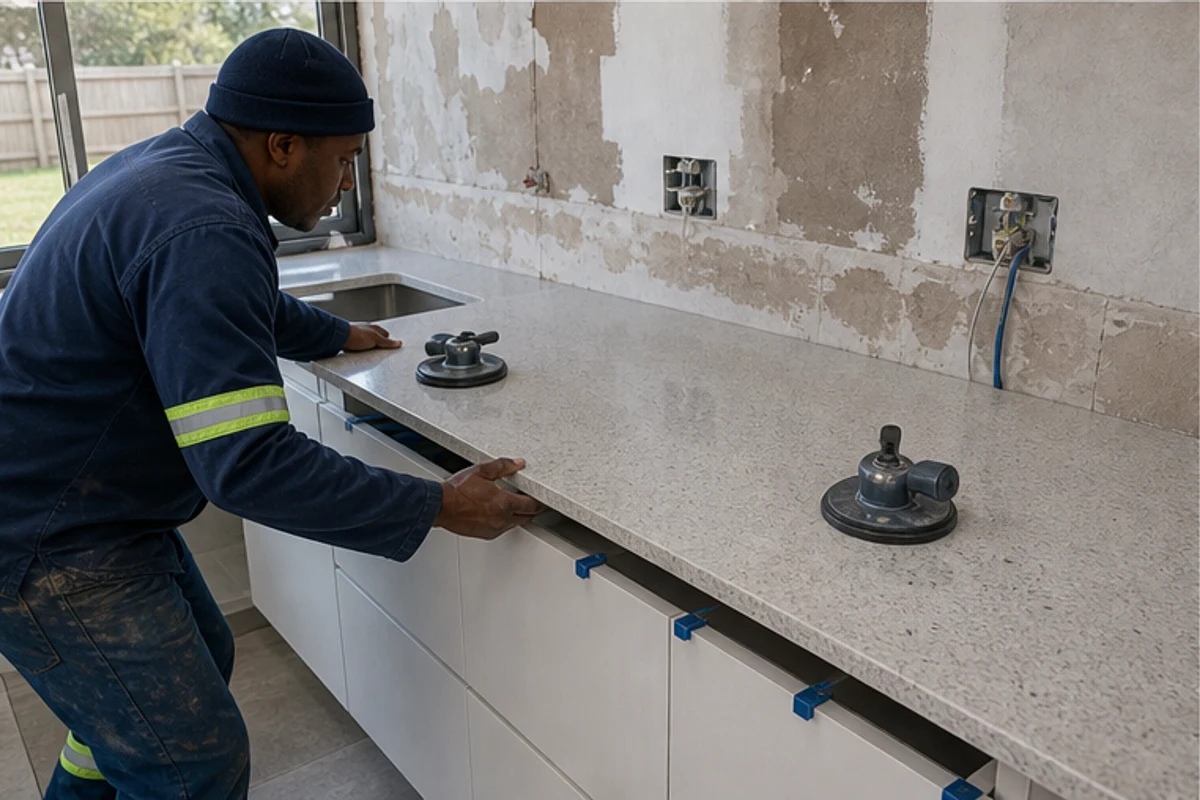 Stone countertop slab dry fitted on new kitchen cupboards