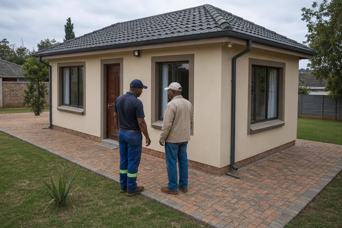 Contractor and client reviewing a completed granny flat from the garden path