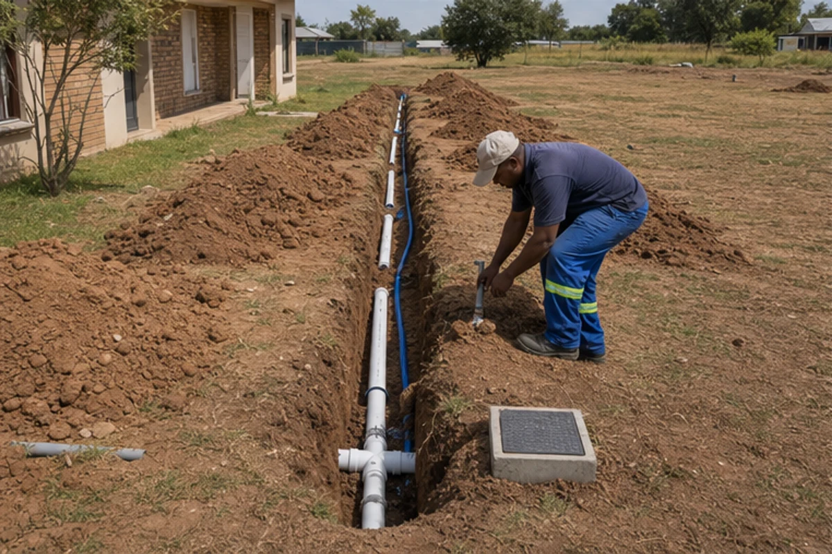 Drainage pipes laid in a services trench between a house and granny flat