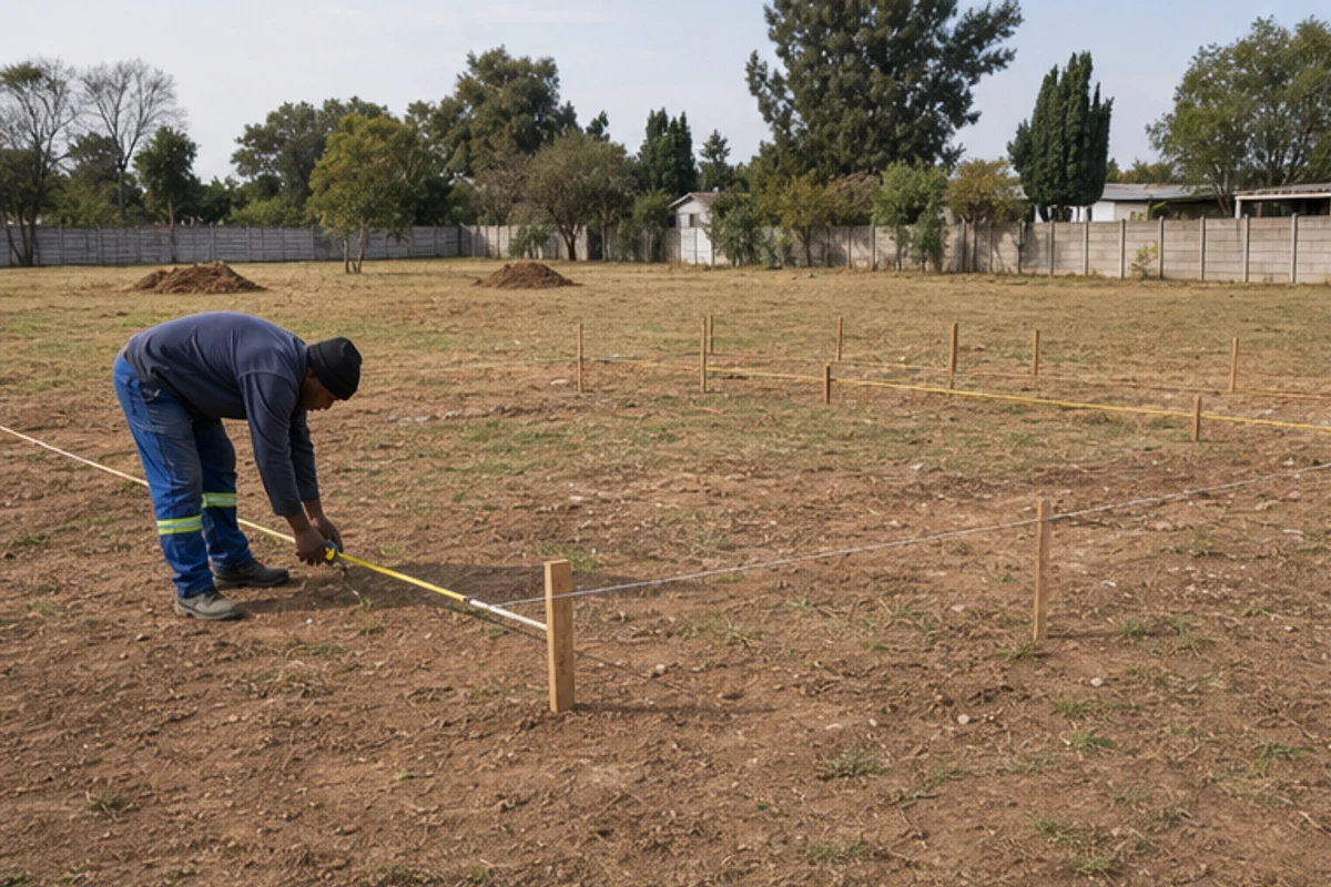 Worker measuring a granny flat footprint with pegs on a spacious stand
