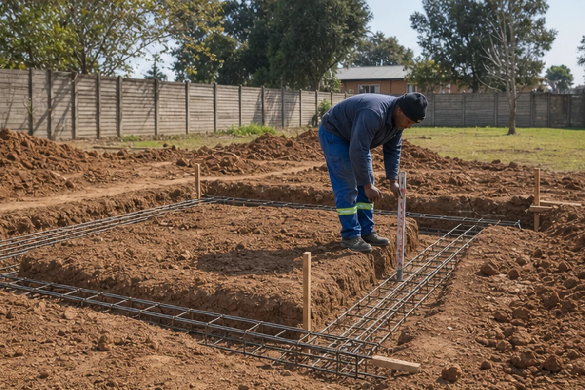Worker checking foundation trench depth and reinforcement for a granny flat