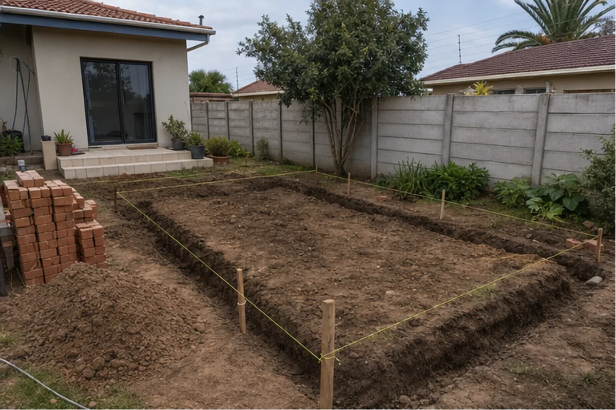 Granny flat foundation footprint set out with string lines in a backyard
