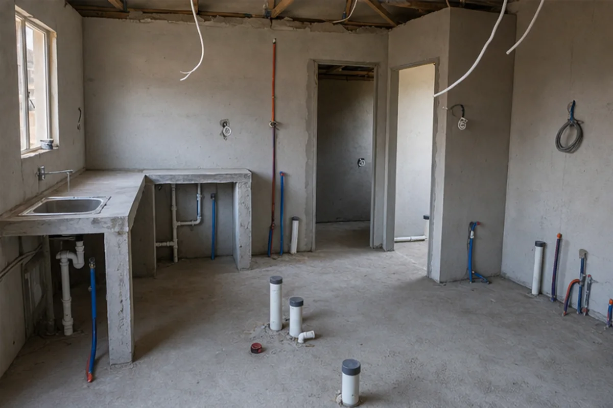 Kitchen and plumbing rough-ins inside a granny flat shell
