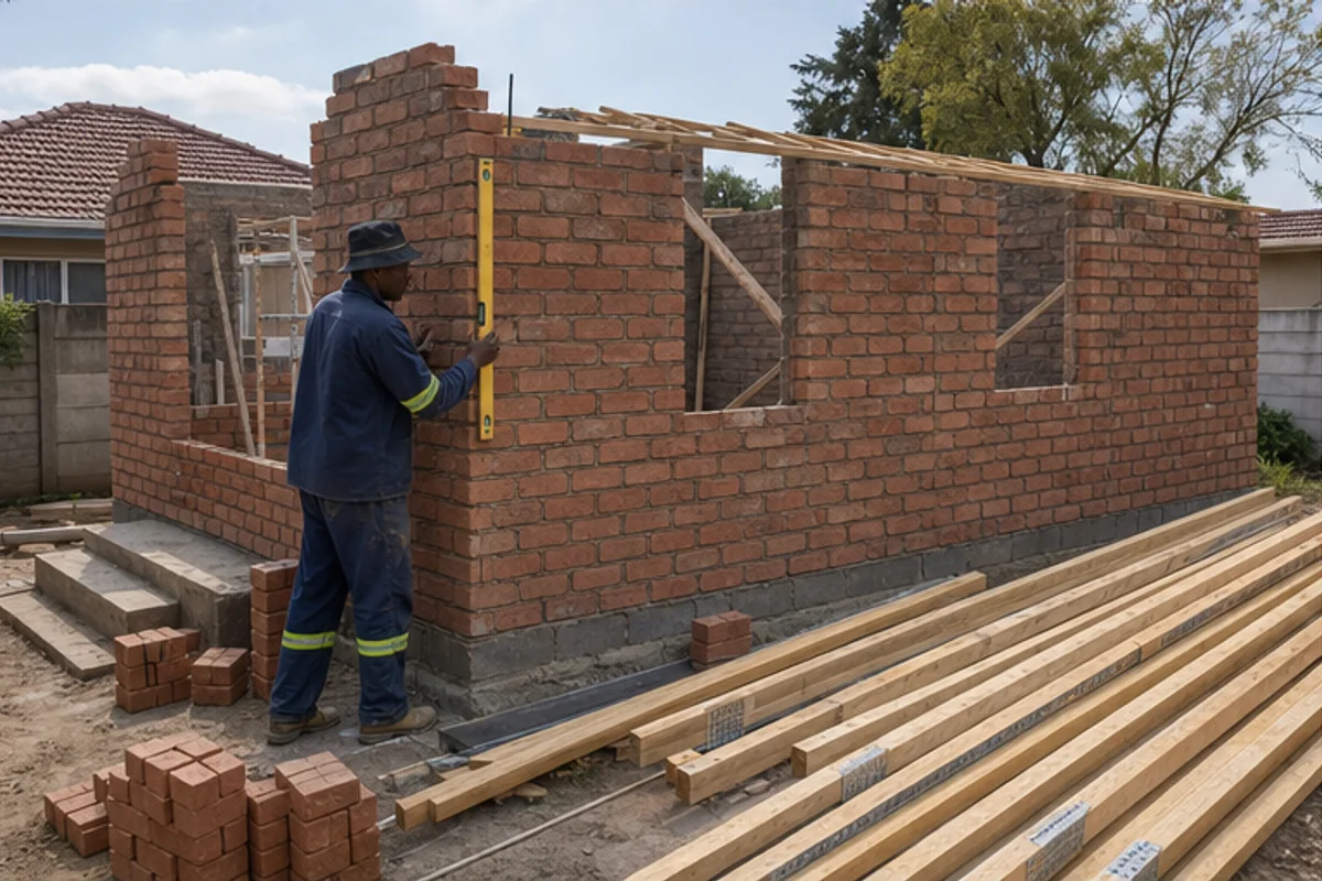 Builder checking brickwork level on a small secondary dwelling