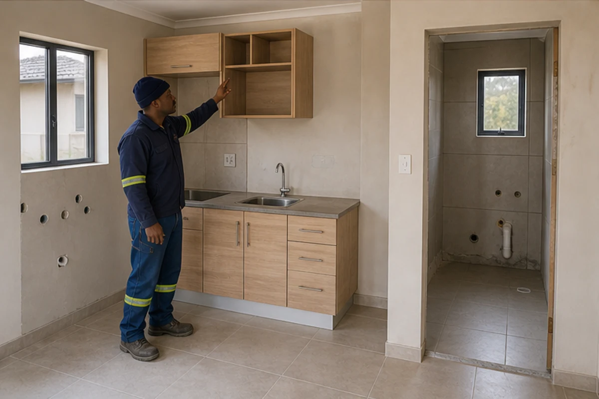 Kitchenette and bathroom rough-in work inside a small flatlet