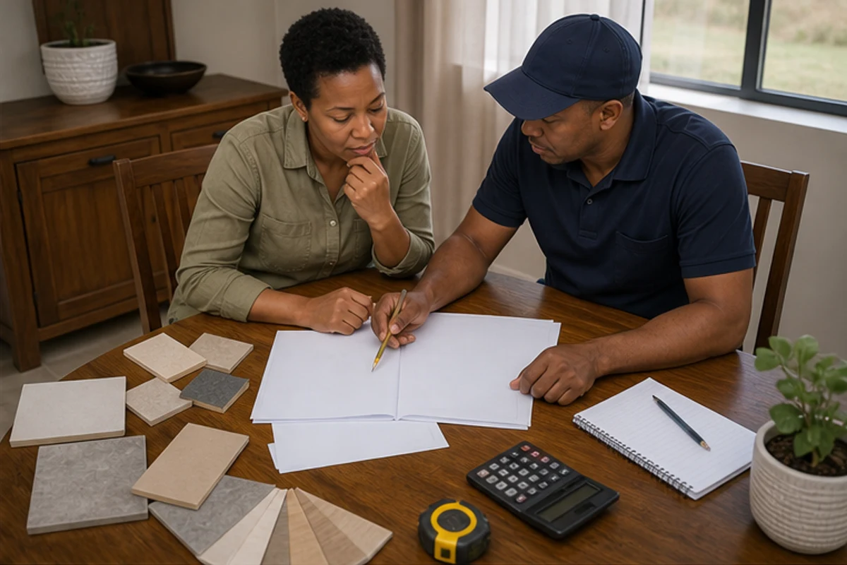 Rental budget notes and finish samples reviewed for a granny flat project