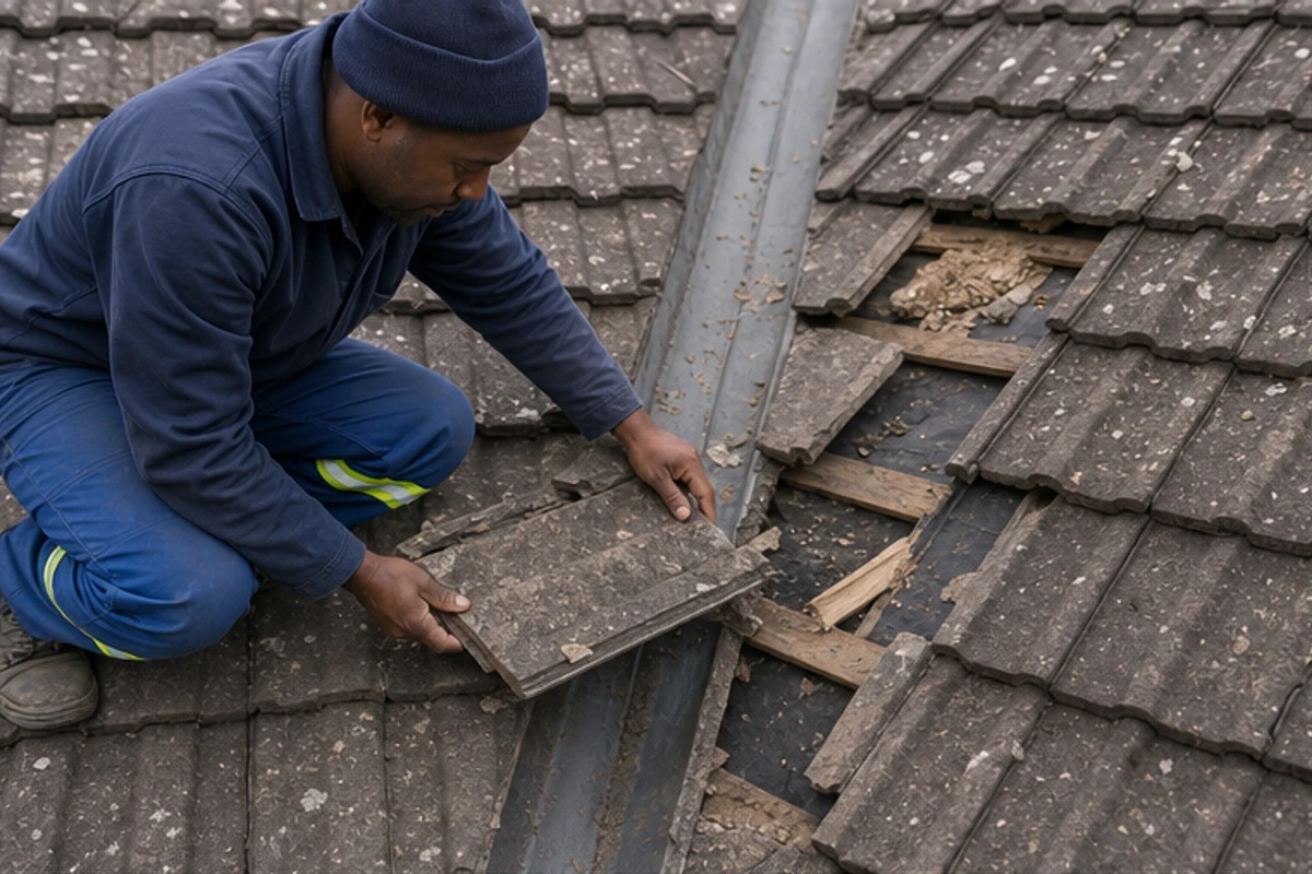 Roofer lifting cracked concrete roof tiles near a valley gutter