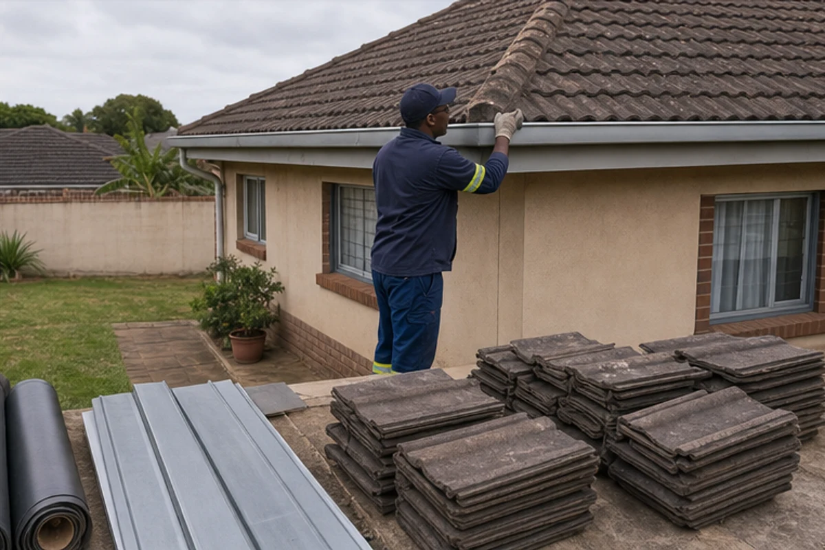 Replacement roof tiles staged while a roofer checks a gutter and ridge line