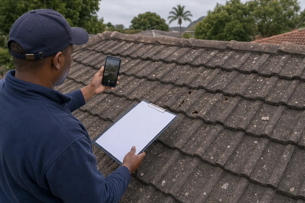 Contractor photographing roof hail marks while holding a blank clipboard