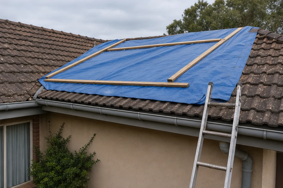 Blue tarp secured over storm-damaged roof tiles with a ladder at the gutter