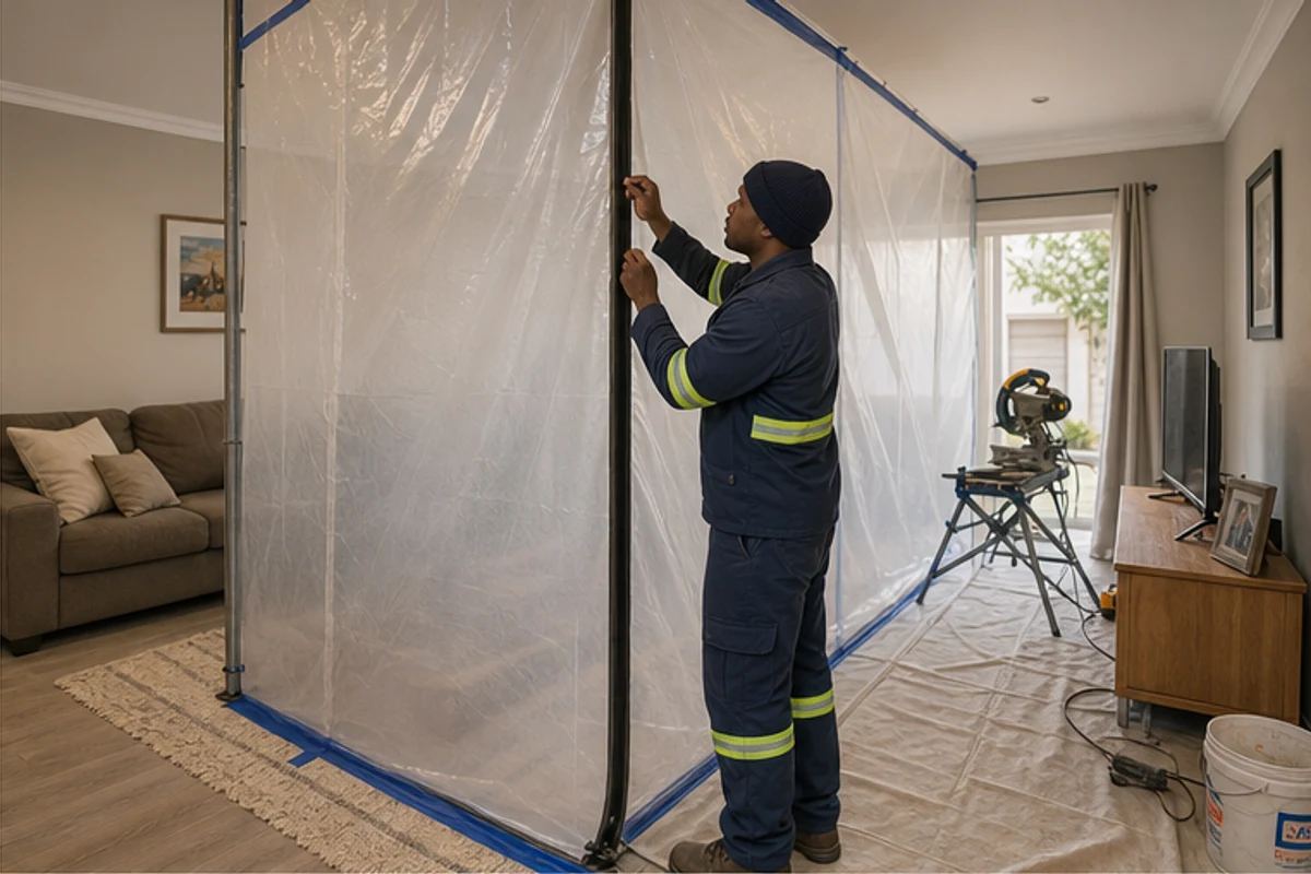 Worker setting up a dust screen and floor protection in an occupied home