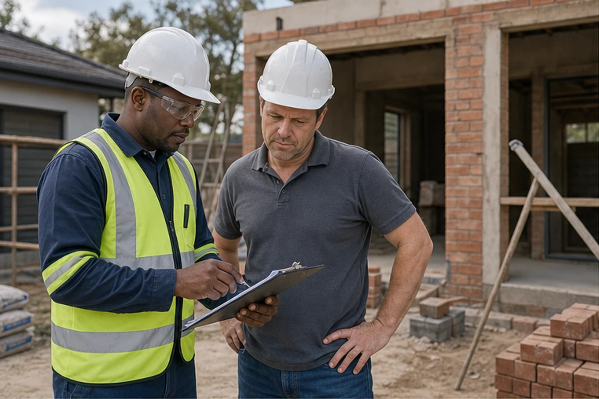 Site supervisor reviewing a blank risk assessment near a tidy home extension site