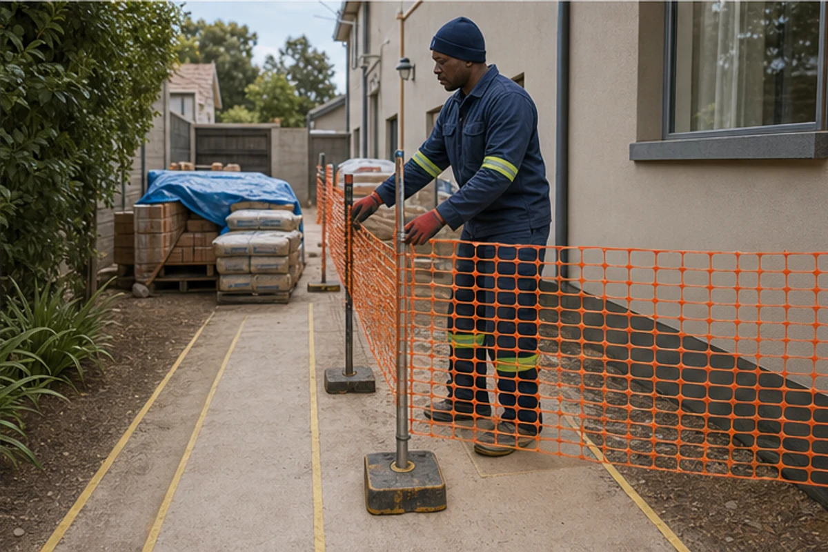 Builder setting a temporary barrier and clear access route around stacked materials