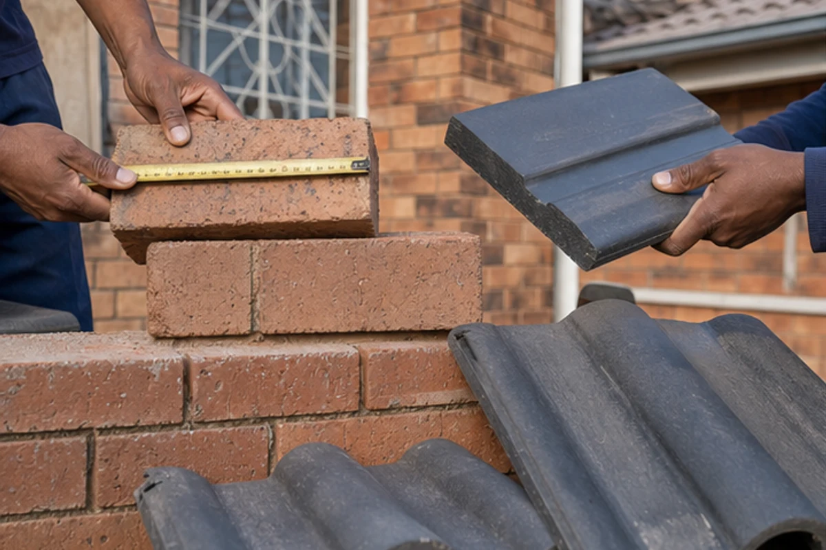 Hands comparing face bricks and roof tiles for an extension material match